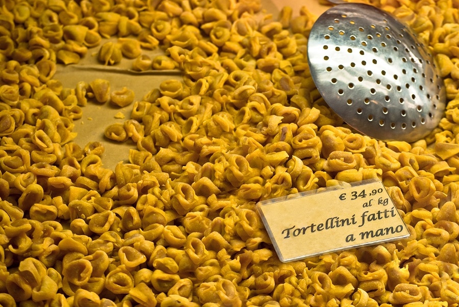 Handmade tortellini on sale, typical pasta of Bologna.