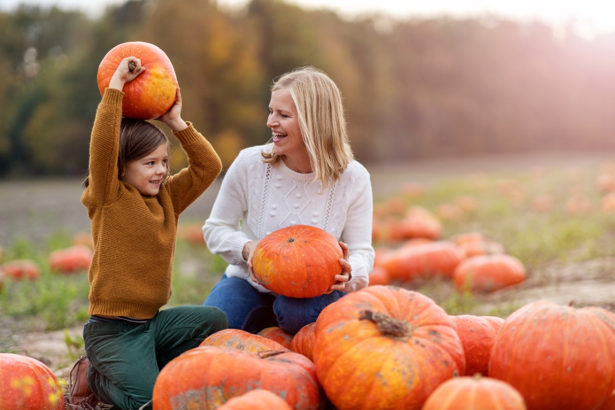 Mamma e figlia in un campo di zucche