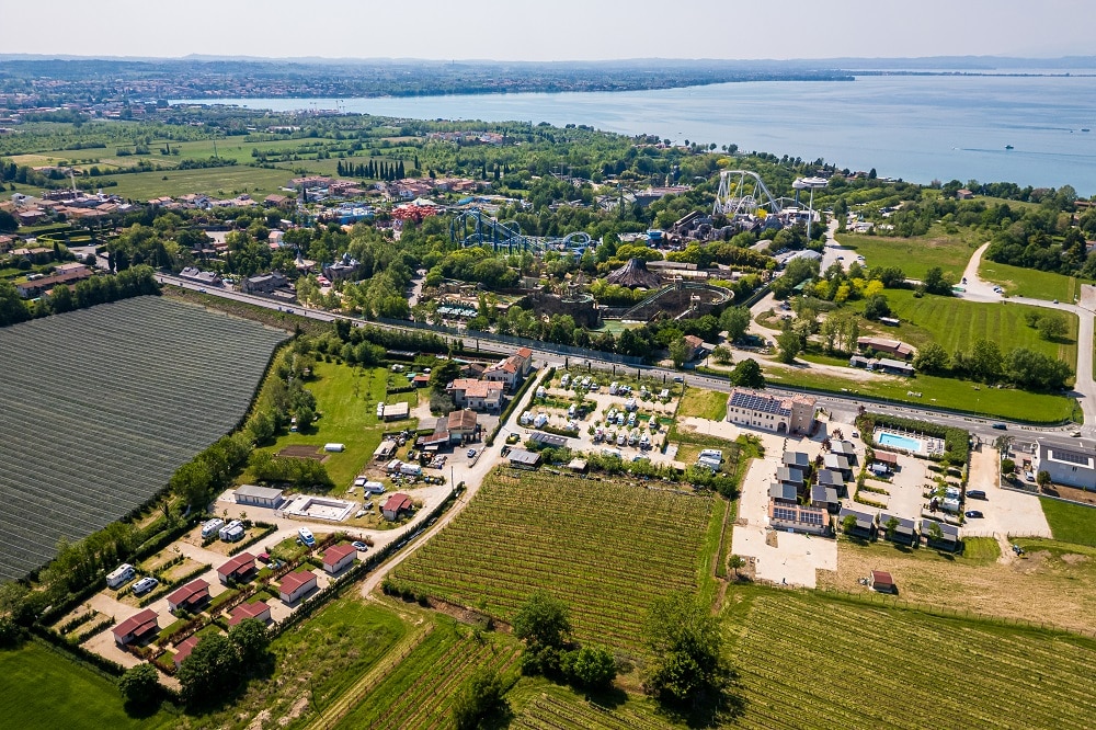Aerial drone view of an amusement park Gardaland at Lake Garda, Italy